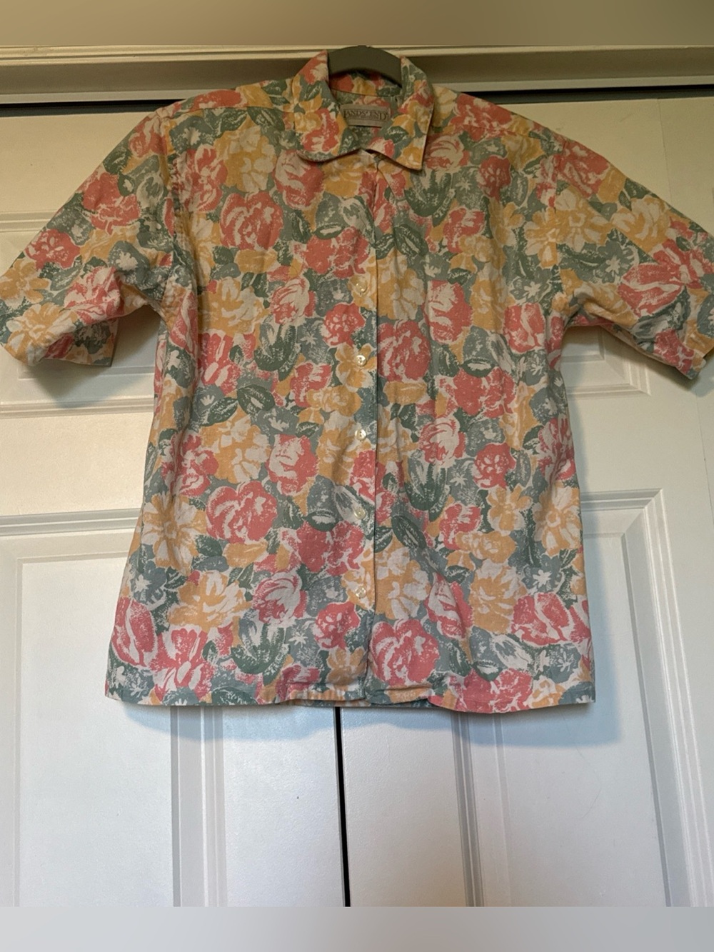 Vtg 90s Lands’ End Floral Linen Blend Resort Shirt Coastal Grandma Cottagecore